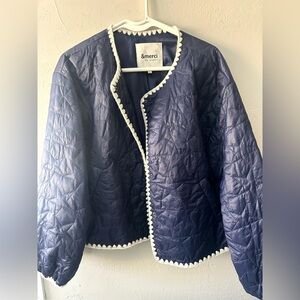 Stylish Blue Bomber Jacket with Quilted Design and White Trim